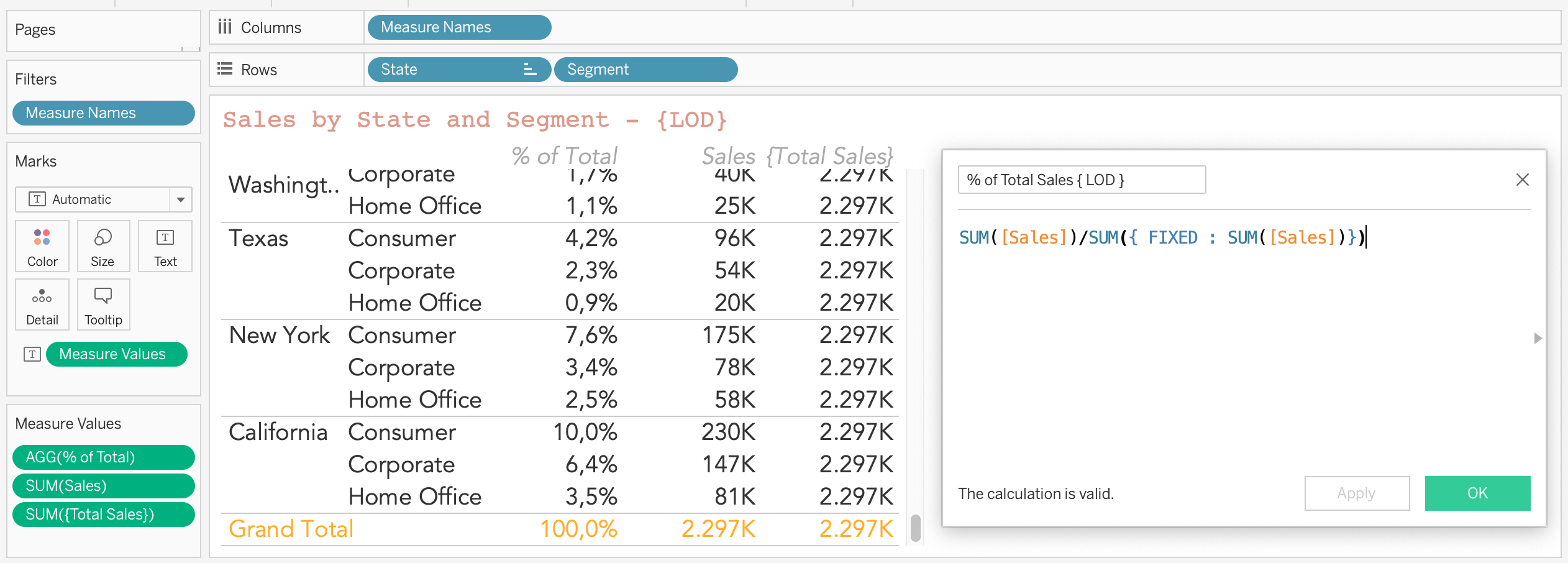 Total Sales by State and Segment LOD